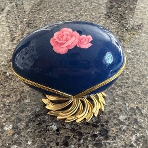 Decorative Blue Goose Egg with Gold and Rose Accents